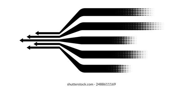 Black on white perspective line stripes arrow with 3d dimensional effect isolated on white