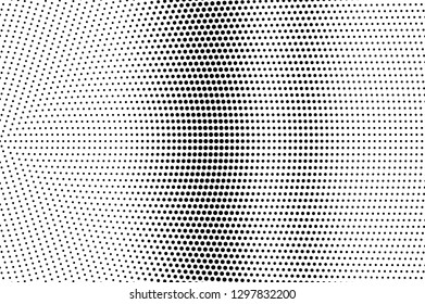 Black on white radial halftone texture. Vertical dotwork gradient. Dotted vector background. Monochrome halftone overlay for vintage cartoon effect. Perforated retro card. Abstract dotwork surface