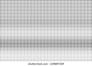 Black on white regular halftone texture. Horizontal dotwork gradient. Dotted vector background. Monochrome halftone overlay for vintage cartoon effect. Perforated retro card. Abstract dotwork surface