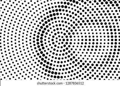 Black on white rough halftone texture. Concentrated dotted gradient. Contrast dotwork surface for vintage effect. Monochrome halftone vector overlay. Perforated retro background. Ink dot texture card