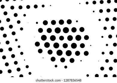Black on white rough halftone texture. Oversized dotted ornament. Contrast dotwork surface for vintage effect. Monochrome halftone vector overlay. Perforated retro background. Ink dot texture card