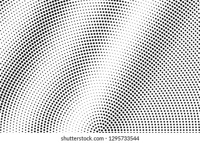 Black on white rough halftone texture. Dotted vector background. Diagonal dotwork gradient. Monochrome halftone overlay for vintage cartoon effect. Perforated retro card. Abstract dotwork surface