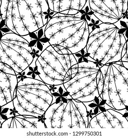 Black on white round blooming cactus hand drawn line art doodle style seamless texture pattern. Vector. Great for textile, home decor, fashion and stationery.