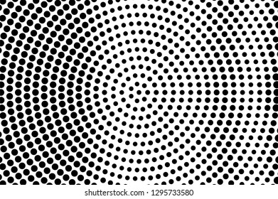Black on white round halftone texture. Dotted vector background. Vertical dotwork gradient. Monochrome halftone overlay for vintage cartoon effect. Perforated retro card. Abstract dotwork surface