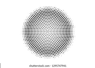 Black on white round halftone texture.  Centered dotwork gradient. Halftone vector background. Monochrome halftone overlay for vintage cartoon effect. Perforated retro card. Abstract dotwork surface