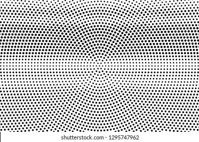 Black on white round halftone texture. Horizontal dotwork gradient. Halftone vector background. Monochrome halftone overlay. Vintage cartoon effect. Perforated retro card. Abstract dotwork surface
