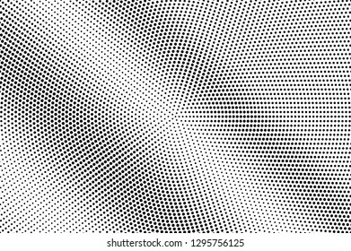 Black on white round halftone texture. Smooth dotwork gradient. Dotted vector background. Monochrome halftone overlay for vintage cartoon effect. Perforated retro card. Abstract dotwork surface