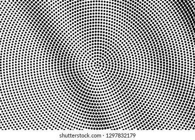 Black on white round halftone texture. Diagonal dotwork gradient. Dotted vector background. Monochrome halftone overlay for vintage cartoon effect. Perforated retro card. Abstract dotwork surface