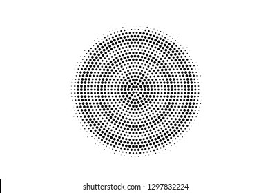 Black on white round halftone texture. Centered dotwork gradient. Dotted vector background. Monochrome halftone overlay for vintage cartoon effect. Perforated retro card. Abstract dotwork surface