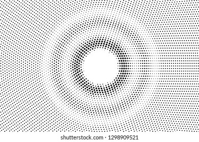 Black on white round halftone texture. Rough dotwork gradient. Distressed dotted vector background. Monochrome halftone overlay. Vintage cartoon effect. Perforated texture. Retro dotwork surface