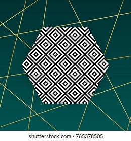 with black on white shapes, rombs, square background card in trendy geometric style, green color with  gold lines triangle background, place your text. Template for your designs, banner,  flayer