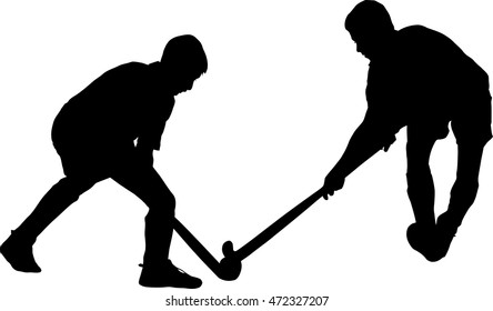 Black on white silhouette of boy hockey players battling for possession of ball