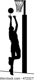 Black on white silhouette of girls ladies netball player shooting for goal