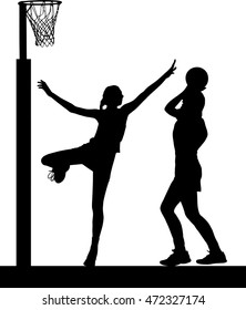 Black on white silhouette of girls ladies netball players jumping and blocking goal