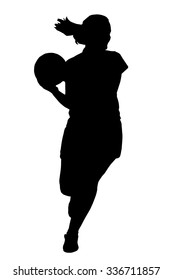 Black on white silhouette of korfball ladies league player girl running with ball