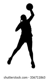 Black on white silhouette of korfball ladies league player girl throwing ball