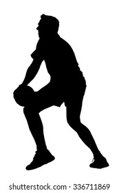Black on white silhouette of korfball men's league player  looking to offload ball