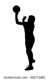 Black on white silhouette of korfball ladies league player girl throwing ball