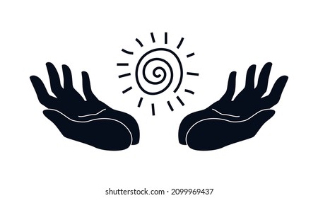 Black on white silhouette of open hands holding reiki energy symbol. Hand drawn concept of hands with healing energy. Vector illustration isolated on white background.