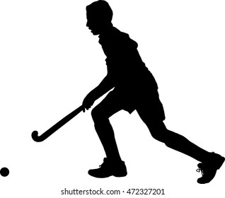 Black on white silhouette of school boy hockey player running with ball