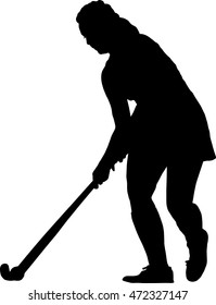 Black on white silhouette of standing girl ladies hockey player prepare to hit balll