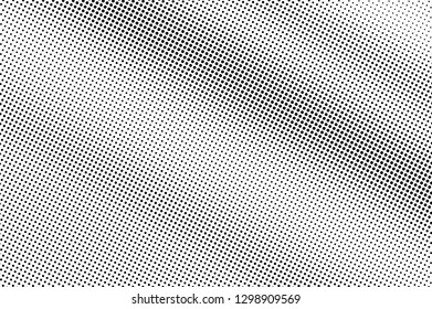 Black on white smooth halftone texture. Diagonal dotwork gradient. Rough dotted vector background. Monochrome halftone overlay. Vintage cartoon effect. Perforated texture. Retro dotwork surface