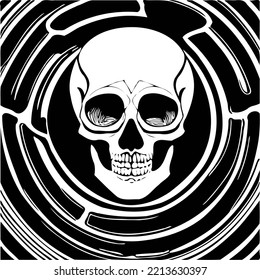 black on white spooky Halloween skull sticker with background vector art.