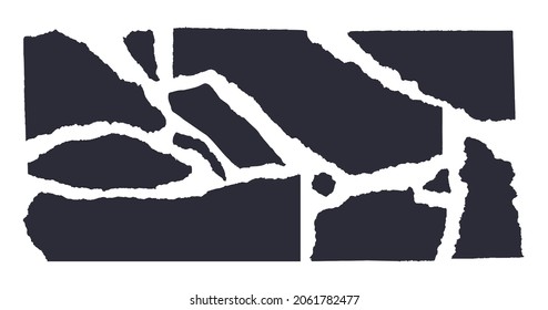 Black on white torn paper isolated on white background. Vector illustration of torn paper scraps of different sizes and shapes. Crumbled Black pieces of pages.