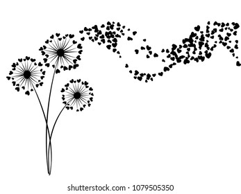 Black on white vector dandelion herbs, meadow flowers illustration.  Abstract flying heart petals. Floral background with dandelion blowing plant. Flowers with heart shaped feather flying with wind.