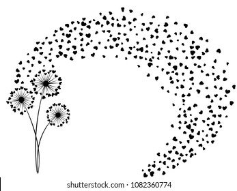 Black on white vector dandelion herbs, meadow flowers illustration. Floral cute background design with dandelion blowing plant. Flowers with heart shaped feather flying. Love symbols design.