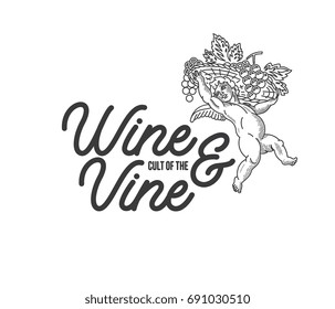 Black on white vector illustration of an angel with grapes
