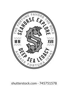 Black on white vector seahorse badge illustration with letter S for any use