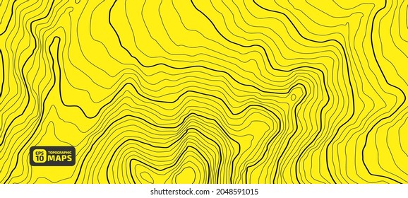 Black on Yellow colors contours vector topography stylized height of the lines. The concept of a conditional geography scheme and the terrain path. Wide size. Map on land  terrain Vector Illustration.