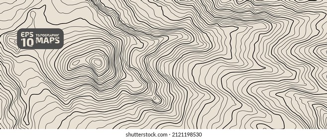 Die schwarze auf gelben Konturen Vektortopographie stilisierte Höhe der Linien. Das Konzept eines bedingten geografischen Programms und des Geländewegs. Ultra breit. Karte auf Land, Vektorgelände Illustration.