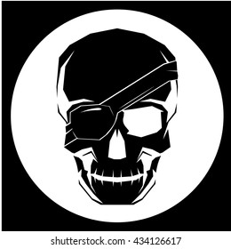 Black one eyed skull vector illustration eps image logo black silhouette emblem jpg in white circle on black background