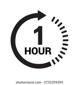 Black one hour with circular arrow and dashed line 1 hour time clock timer