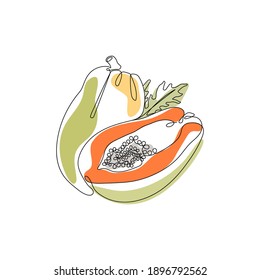 Black one line drawing. Exotic Papaya Fruit vector illustration. Minimal abstract art. Black linear art on white background 