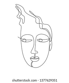 black one line image of face of a young curly woman. continuous line art.
