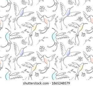 Black one line seamless pattern on white. Hummingbird birds fly over flowers in sketch style and pastel spots. For textiles, wrapping paper and web