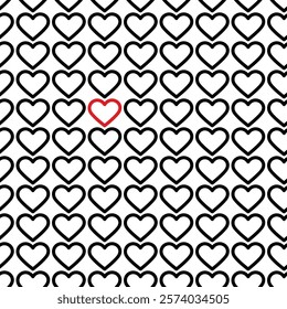 Black and one Red outline hearts Seamless pattern. St Valentines or White Day conceptual background