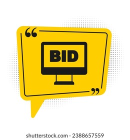 Black Online auction icon isolated on white background. Bid sign. Auction bidding. Sale and buyers. Yellow speech bubble symbol. Vector