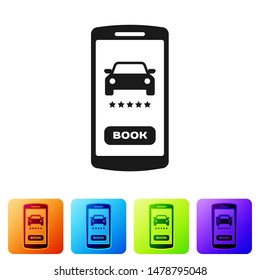 Black Online car sharing icon isolated on white background. Online rental car service. Online booking design concept for mobile phone. Set icons in color square buttons. Vector Illustration
