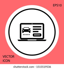 Black Online car sharing icon isolated on red background. Online rental car service. Online booking design concept for laptop. White circle button. Vector Illustration