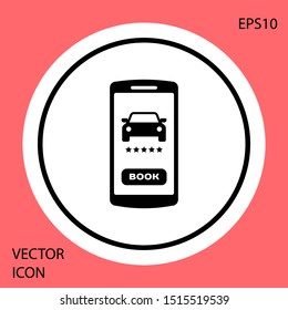 Black Online car sharing icon isolated on red background. Online rental car service. Online booking design concept for mobile phone. White circle button. Vector Illustration