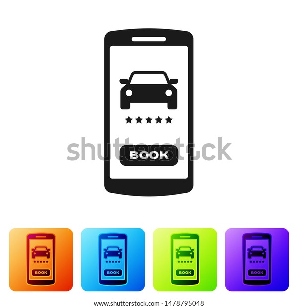Black\
Online car sharing icon isolated on white background. Online rental\
car service. Online booking design concept for mobile phone. Set\
icons in color square buttons. Vector\
Illustration
