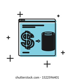 Black Online casino chips exchange on stacks of dollars icon isolated on white background.  Vector Illustration