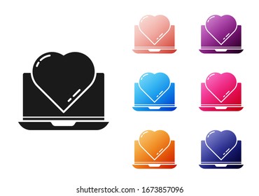 Black Online dating app and chat icon isolated on white background. International Happy Women Day. Set icons colorful. Vector Illustration