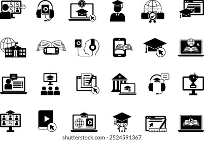 Black Online Education Icon Set (Conjunto De Ícones De Educação On-Line Preto). Ícones vetoriais Escola on-line, Mentor, Plataforma de aprendizado, Estudante, Curso de áudio, Propinas, E-Book, Recompensa, E-Learning, Teste on-line e muito mais