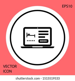Black Online hotel booking icon isolated on red background. Online booking design concept for laptop. White circle button. Vector Illustration
