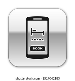 Black Online hotel booking icon isolated on white background. Online booking design concept for mobile phone. Silver square button. Vector Illustration